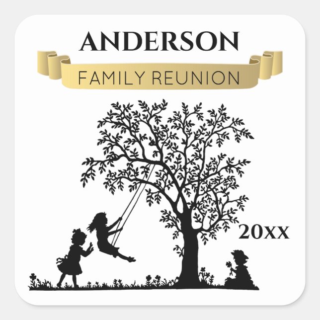 Elegant Black and Gold Personalised Family Reunion Square Sticker (Front)
