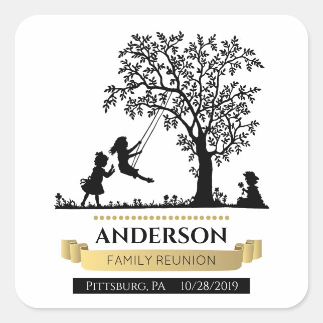 Elegant Black and Gold Personalised Family Reunion Square Sticker (Front)