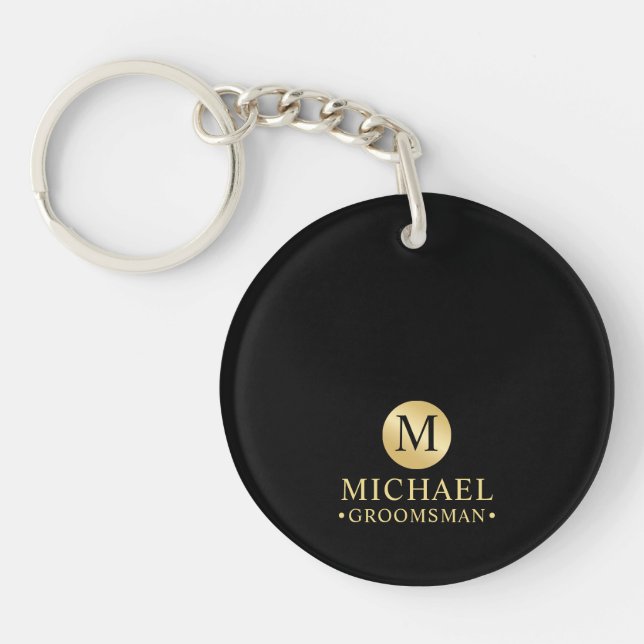 Elegant Black and Gold Personalised Groomsmen Key Ring (Front)