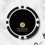 Elegant Black and Gold Personalised Groomsmen Poker Chips<br><div class="desc">Add a personal touch to your wedding with personalised groomsmen gift This gift features black monogram in gold circle element with name and title in gold classic serif font style on black background. Also perfect for best man, father of the bride and more. Please Note : The foil details are...</div>