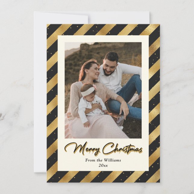 Elegant Black and Gold Photo Merry Christmas Holiday Card (Front)