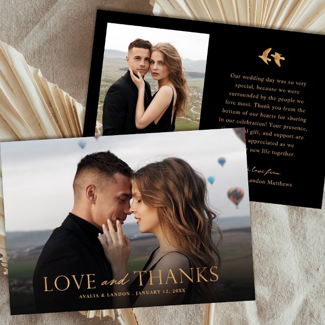 Elegant Black and Gold Photo Wedding | Birds Thank You Card (Creator Uploaded)
