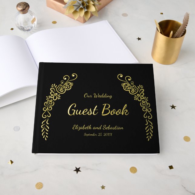 Elegant Black and Gold Photo Wedding Guest Book (Front Open)