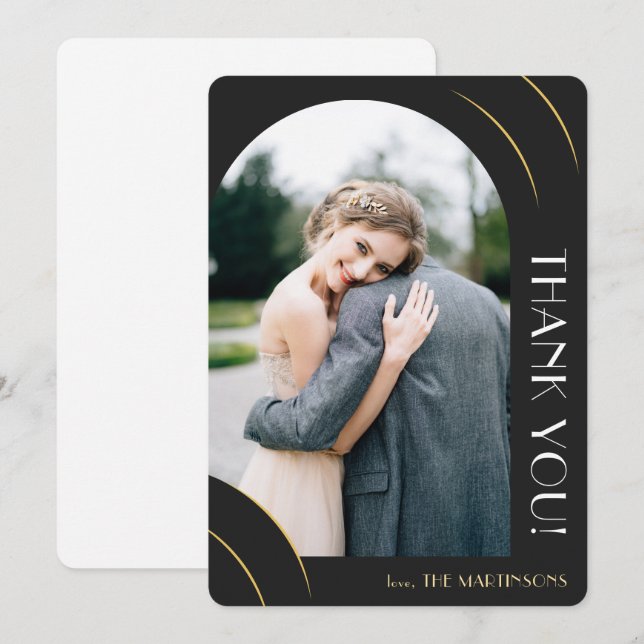 Elegant Black and Gold Photo Wedding Thank You Card (Front/Back)