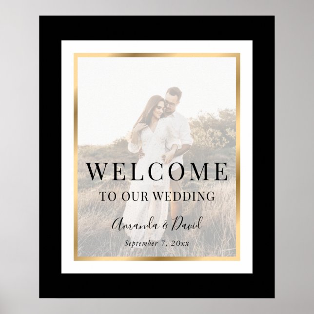 Elegant Black and Gold Photo Wedding Welcome Sign (Front)