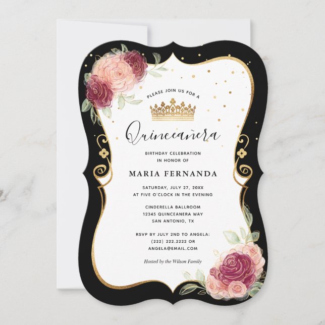 Elegant Black and Gold Pink Floral Quinceanera Invitation (Front)