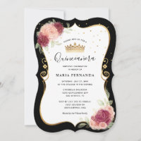 Elegant Black and Gold Pink Floral Quinceanera