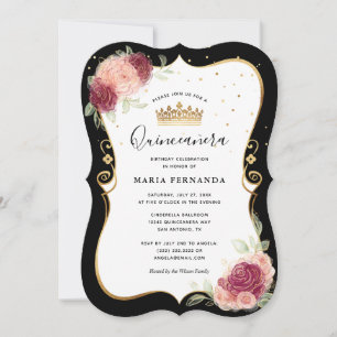 Elegant Black and Gold Pink Floral Quinceanera Invitation