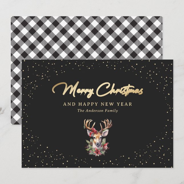 Elegant Black and Gold Plaid Merry Christmas Holiday Card (Front/Back)