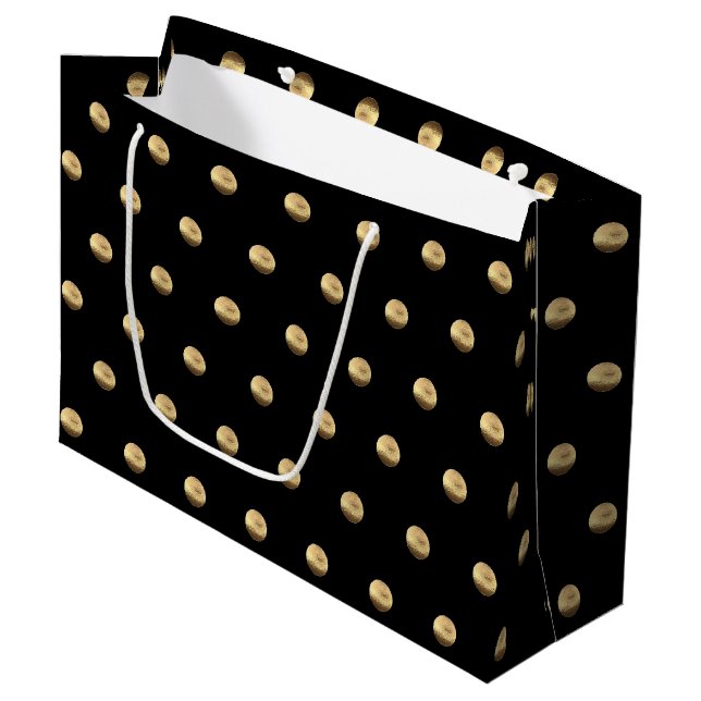 Elegant Black and Gold Polka Dots Pattern Large Gift Bag (Front Angled)