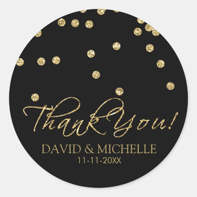 Elegant Black and Gold Polka-Dots Thank You! Classic Round Sticker (Front)