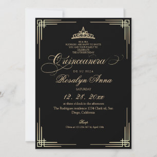 Elegant Black and Gold Princess Quinceañera Invitation