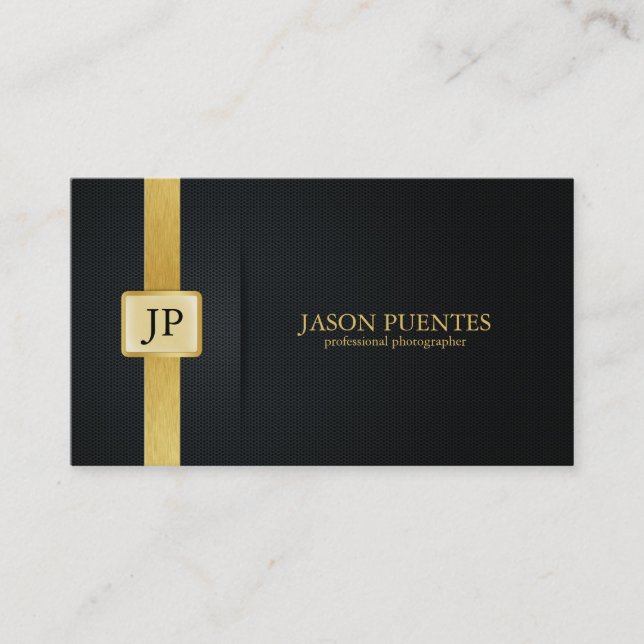 Elegant Black and Gold Professional Photographer Business Card (Front)