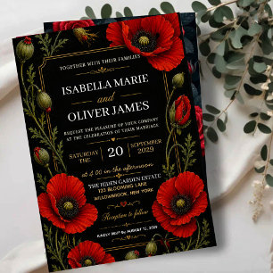 Elegant Black and Gold Red Poppy Vintage Floral Acrylic Invitations