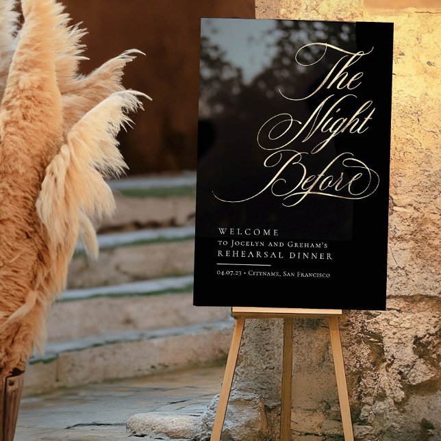 Elegant Black and Gold Rehearsal Dinner Welcome Acrylic Sign (Elegant Romantic Black Rehearsal Dinner Welcome Sign Acrylic)