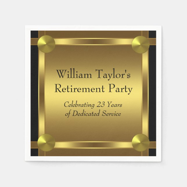 Elegant Black and Gold Retirement Napkin (Front)