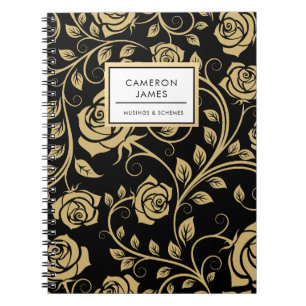 Elegant Black and Gold Rose Pattern in Retro Style Notebook