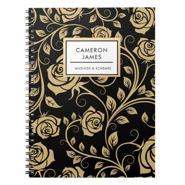 Elegant Black and Gold Rose Pattern in Retro Style Notebook (Front)