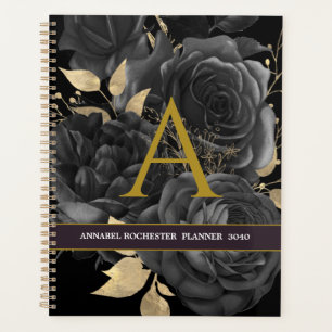 Elegant Black and gold roses Monnogrammed  Planner