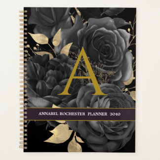 Elegant Black and gold roses Monnogrammed Planner