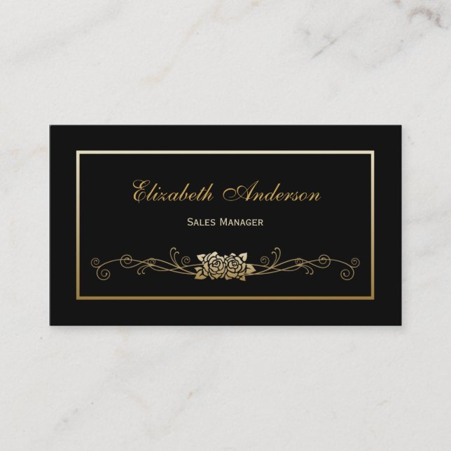 Elegant Black and Gold Roses Retail Sales Manager Business Card (Front)