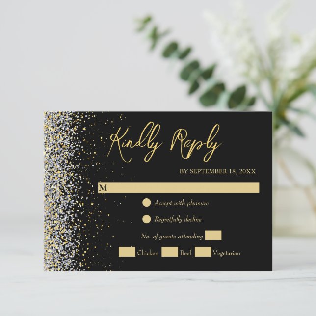 Elegant Black And Gold RSVP Card (Standing Front)