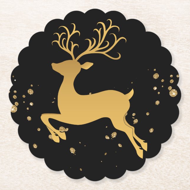 Elegant Black and Gold Rudolph   Paper Coaster (Front)