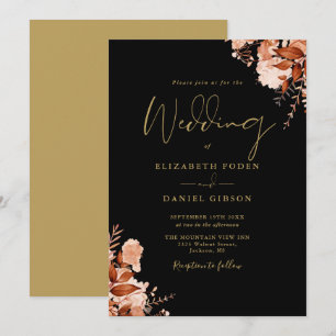 Elegant Black And Gold Rustic Floral Wedding Invitation
