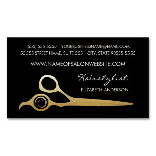 Elegant Black and Gold Salon Hairstylist Scissors Magnetic Business Card