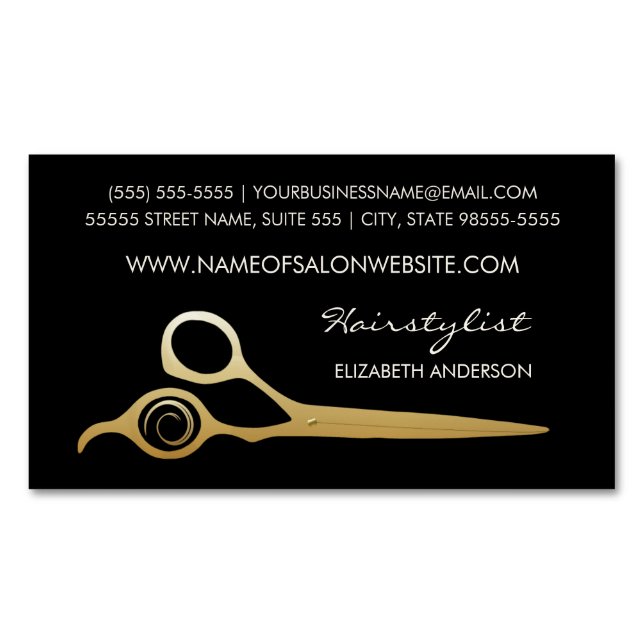 Elegant Black and Gold Salon Hairstylist Scissors Magnetic Business Card (Front)