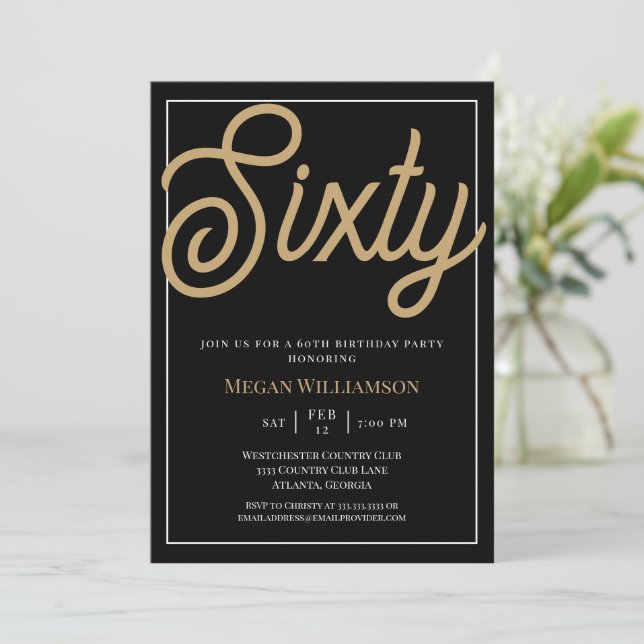 Elegant Black and Gold Script 60th Birthday Invitation (Standing Front)