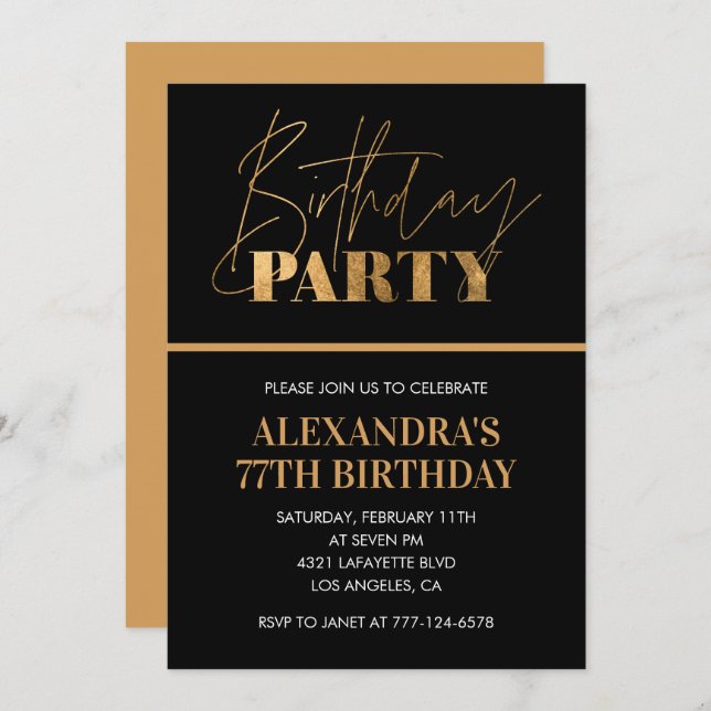Elegant Black and Gold Script 77th birthday party Invitation (Front/Back)