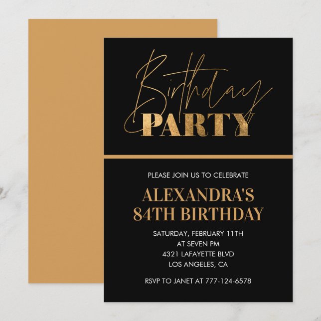 Elegant Black and Gold Script 84th birthday party Invitation (Front/Back)