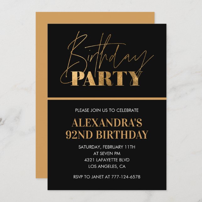 Elegant Black and Gold Script 92nd birthday party Invitation (Front/Back)