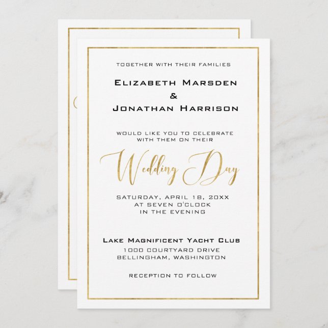Elegant Black and Gold Script and Border Wedding Invitation (Front/Back)