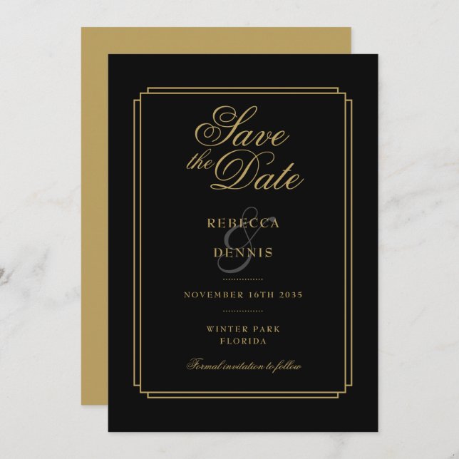 Elegant Black and Gold Script Art Deco Wedding Save The Date (Front/Back)