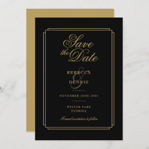 Elegant Black and Gold Script Art Deco Wedding Save The Date