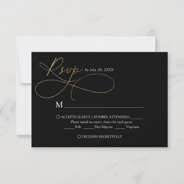 Elegant Black and Gold Script Calligraphy Wedding RSVP Card (Front)