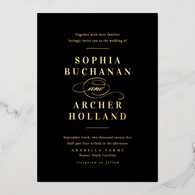 Elegant Black and Gold Script Classic Wedding (Front)