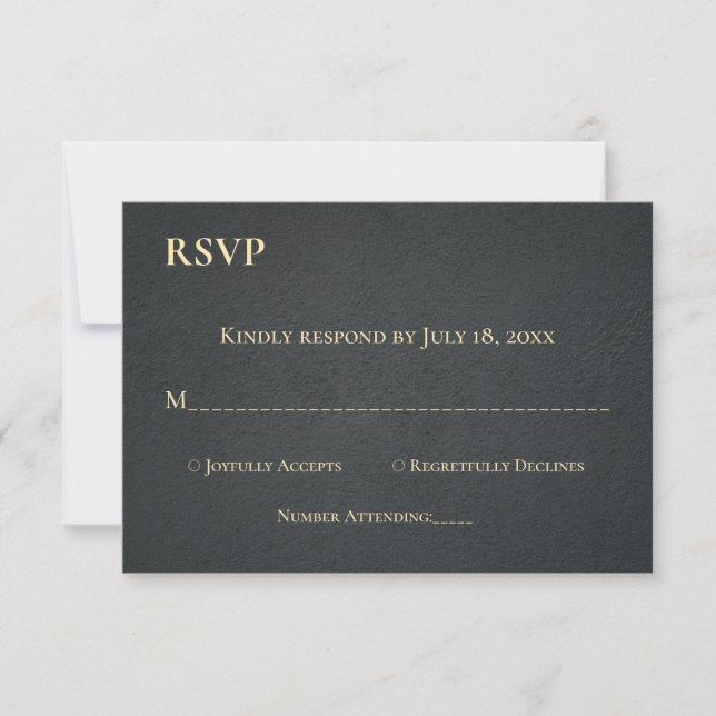 Elegant Black And Gold Script Classic Wedding RSVP Card (Front)