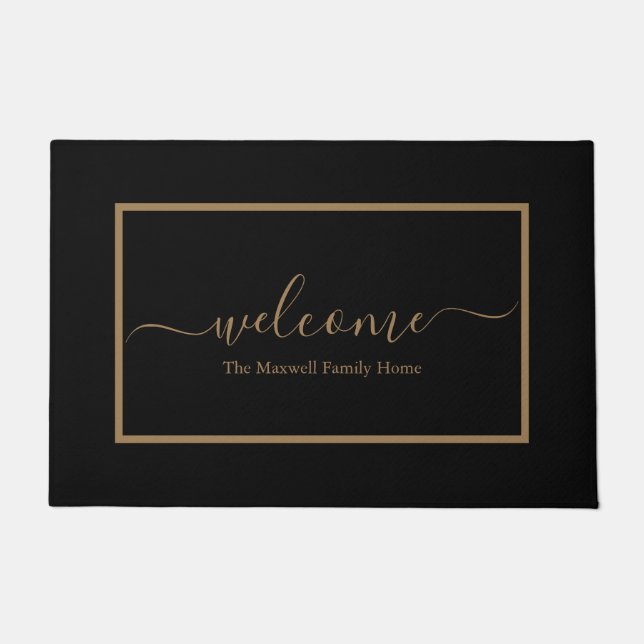 Elegant black and gold script family name welcome  doormat (Front)