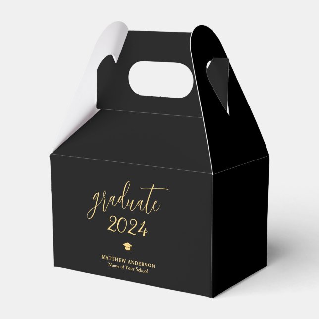 Elegant Black and Gold Script Graduate Graduation Favour Box (Front Side)