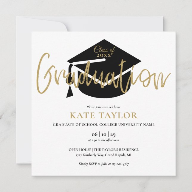Elegant Black And Gold Script Graduation Party Invitation (Front)