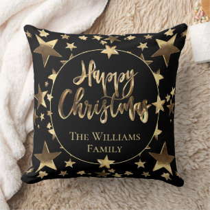 Elegant Black and Gold Script Happy Christmas Cushion