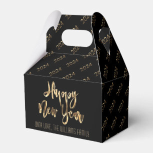 Elegant Black and Gold Script Happy New Year 2024 Favour Box