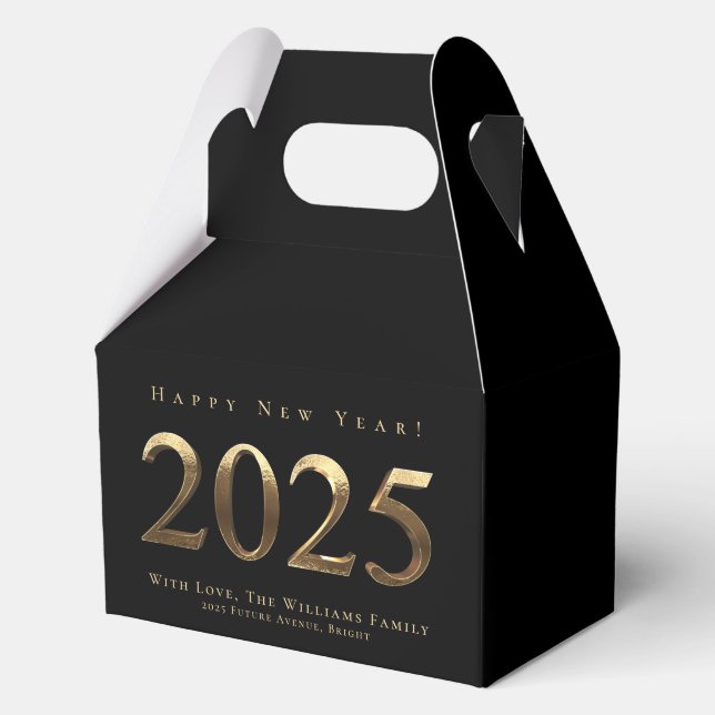 Elegant Black and Gold Script Happy New Year 2025 Favour Box (Front)