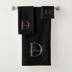 Elegant Black and Gold Script Monogram Bath Towel Set