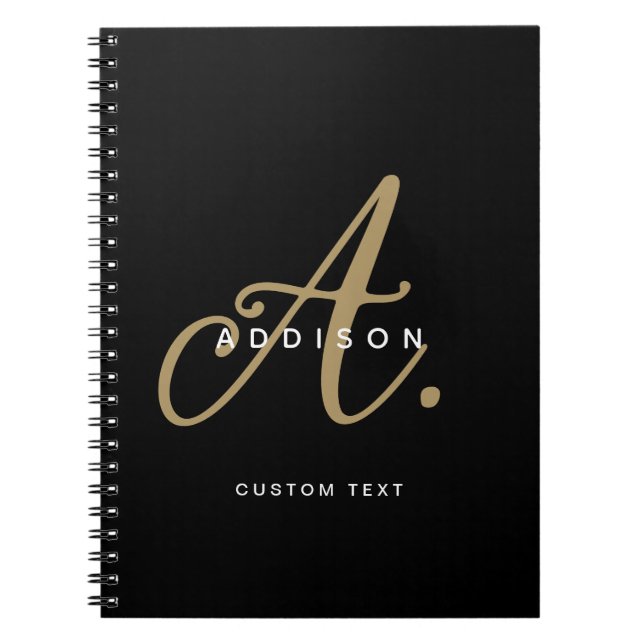 Elegant Black and Gold Script Monogram Notebook (Front)