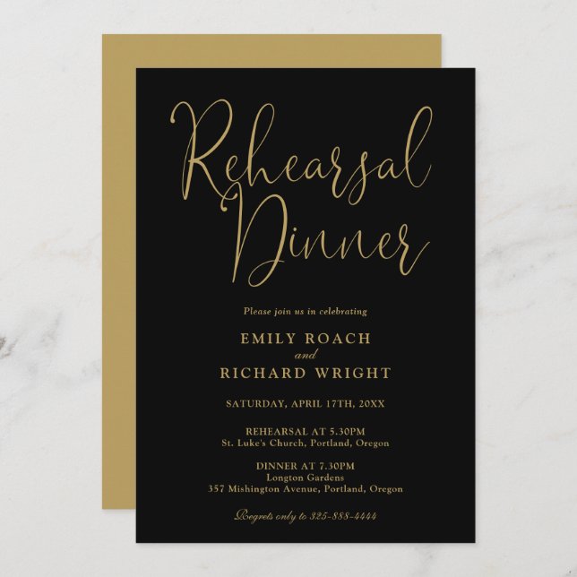 Elegant Black And Gold Script Rehearsal Dinner Invitation (Front/Back)