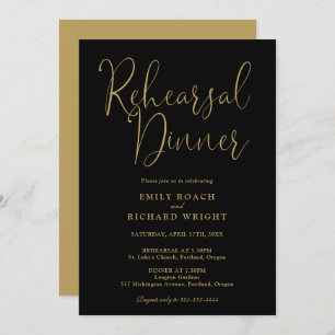 Elegant Black And Gold Script Rehearsal Dinner Invitation
